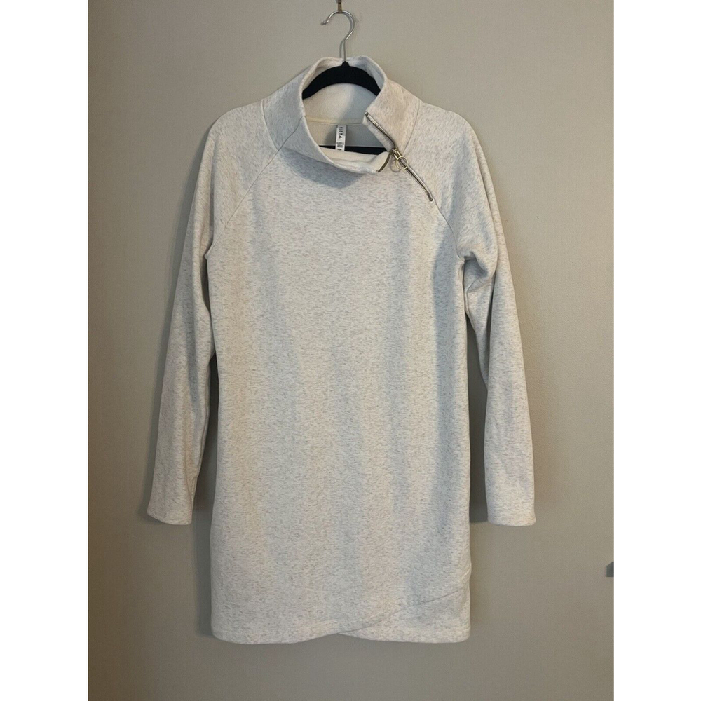 Athleta Cozy Karma Asym Sweatshirt Dress Womens Medium Beige Gray Mock Neck *